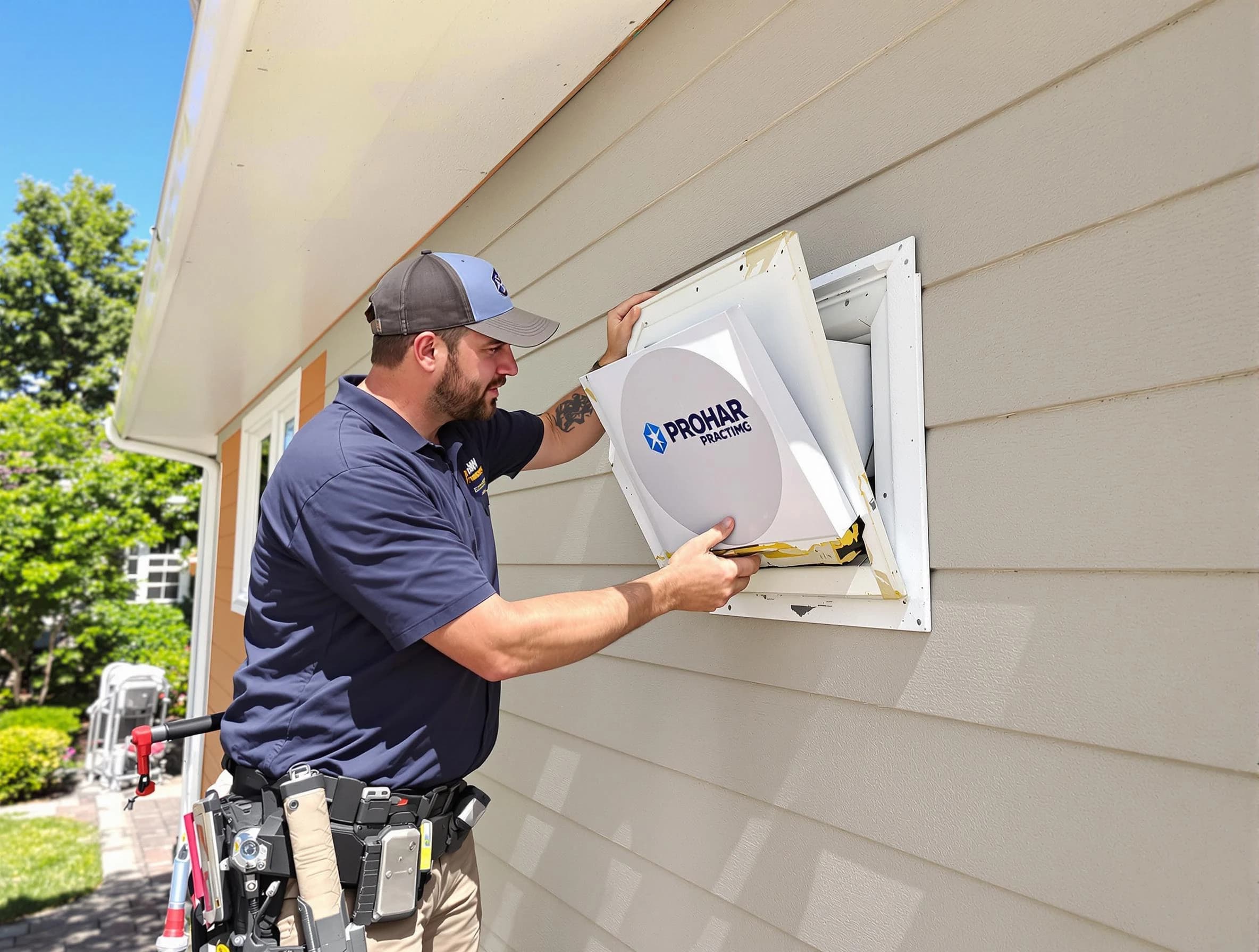 Lone Tree Dryer Vent Cleaning technician installing a new protective dryer vent cover on a home in Lone Tree