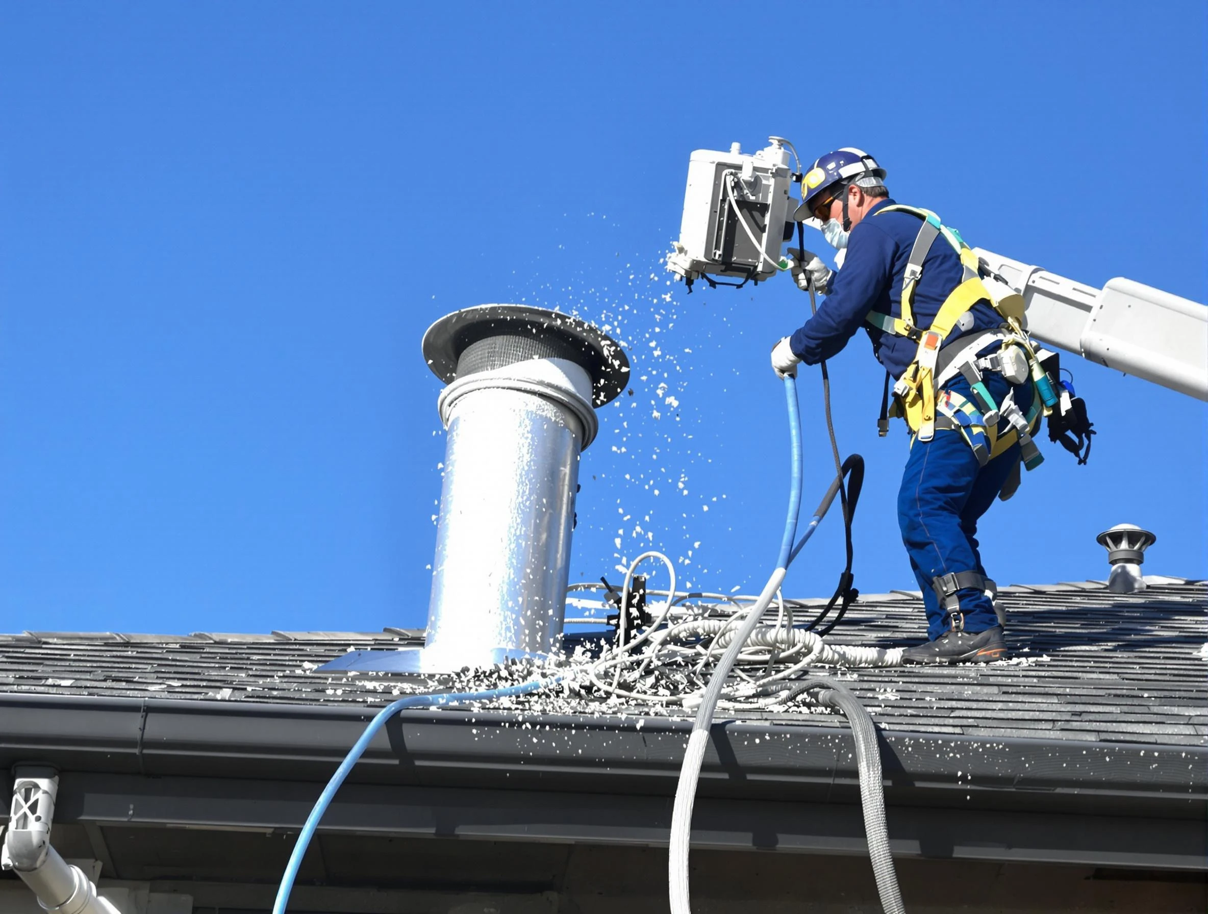 Lone Tree Dryer Vent Cleaning certified technician safely cleaning a roof-mounted dryer vent in Lone Tree